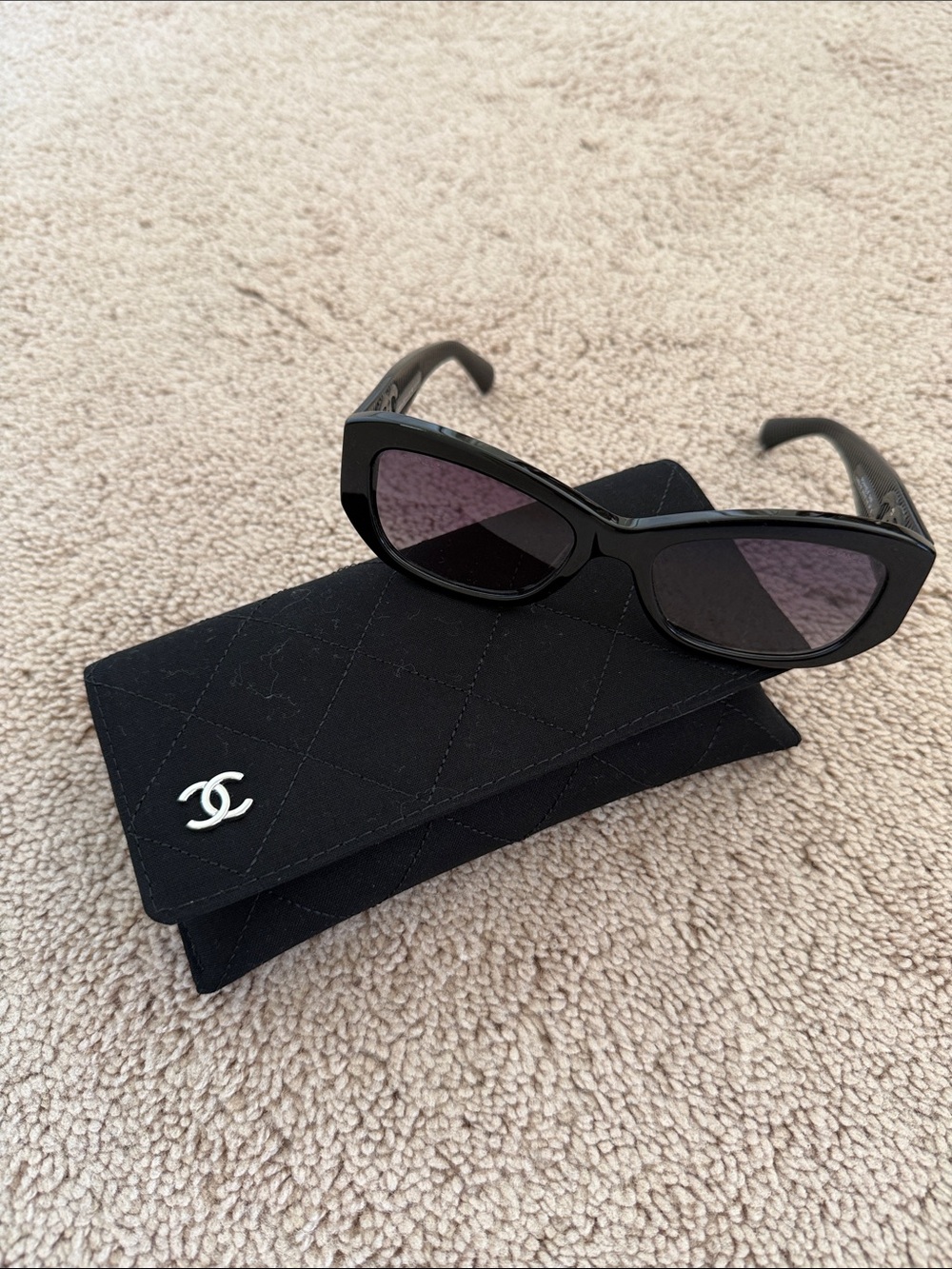 Chanel Women's Black Cat-Eye Sunglasses with Quilted Case